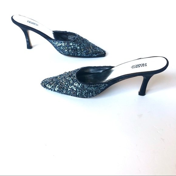Valenti Franco Ruffles Blue Sequin Mule Heels - Picture 4 of 12